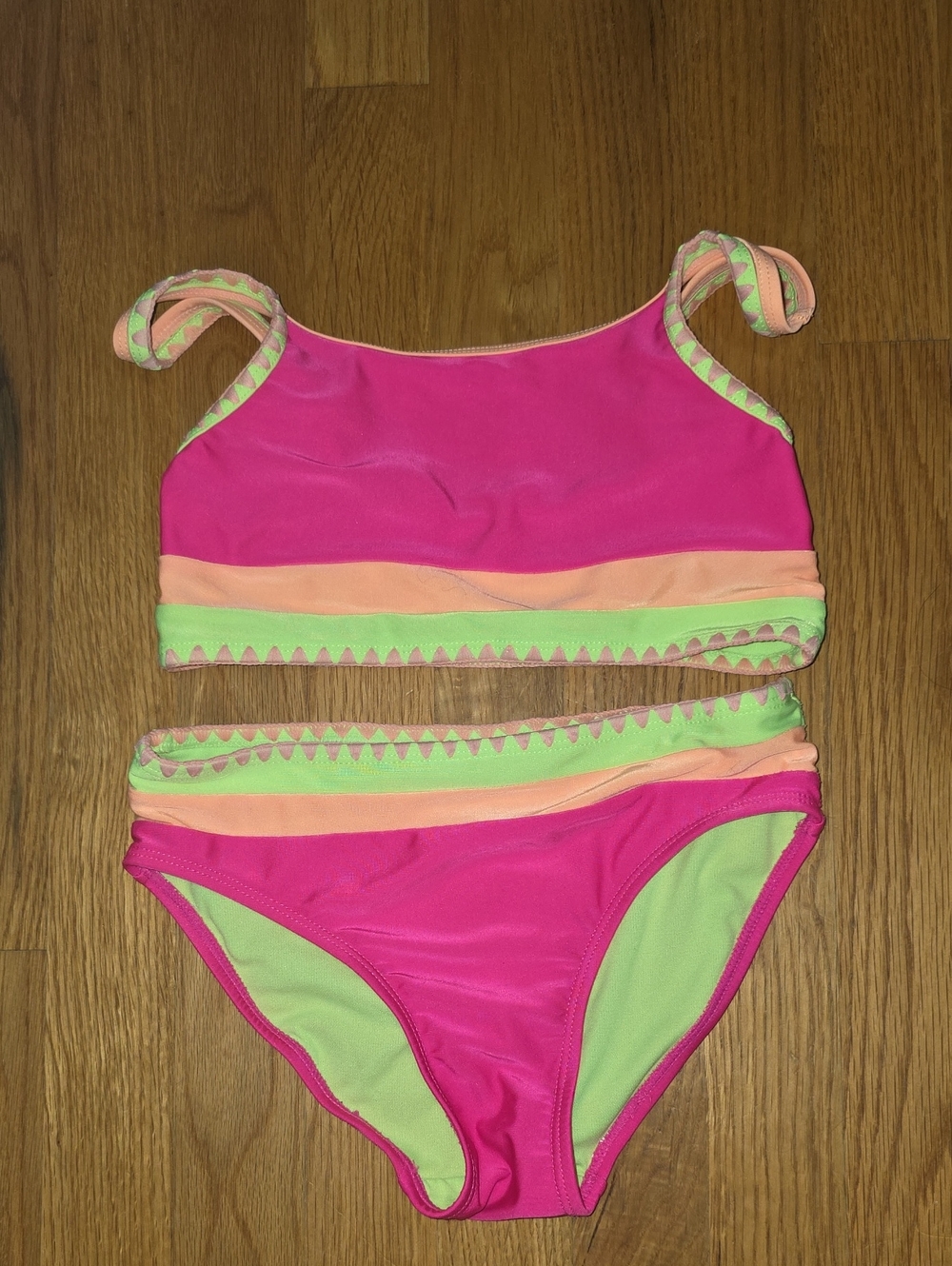 Girls' Neon Pink Two-Piece Swim Bikini with Peach & Lime Trim